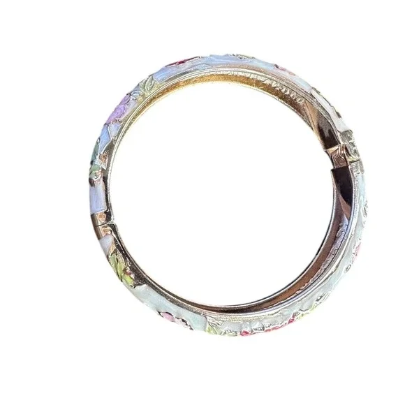 Vintage Enamel Floral‎ Hinged Bangle Bracelet Gold Tone Women's Fashion Jewelry - Picture 3 of 7